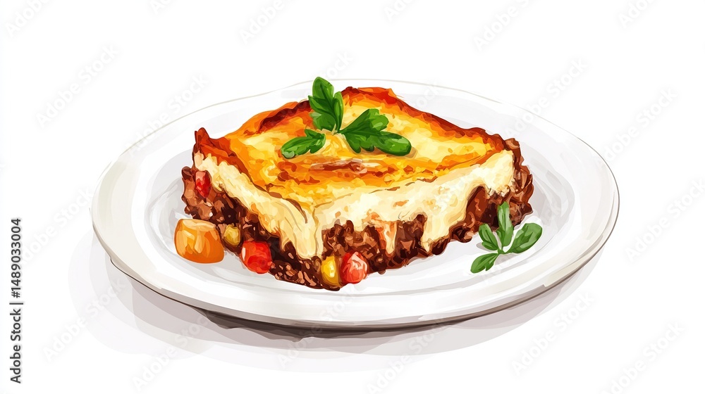 Baked moussaka with parsley on a white plate, artful illustration Baked moussaka with parsley on a white plate, artful illustration