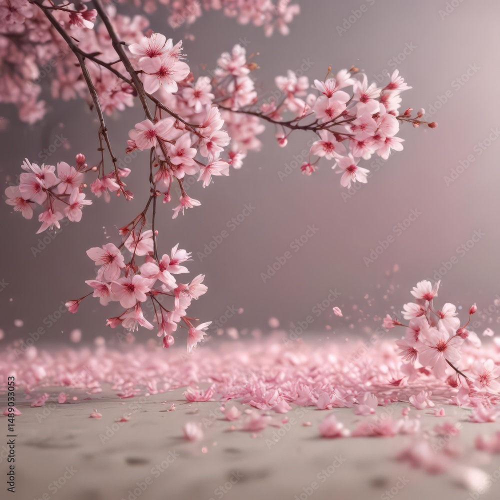 Obraz premium Delicate pink sakura petals drift on a soft, blurred background , photo, graphic