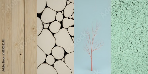 Abstract Texture Composition: A series of captivating textures, ranging from the natural wood grain to a pebble pattern, a delicate tree, and a textured green surface.