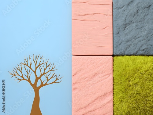 Abstract Nature Mosaic: An artful, top-down composition of a tree silhouette against a sky blue backdrop. Four different texture square sections complement this central theme.