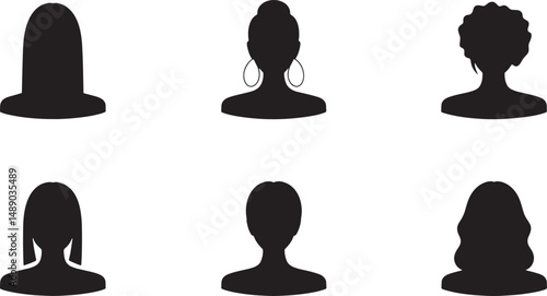 Six female silhouettes diverse hairstyles avatar icons
