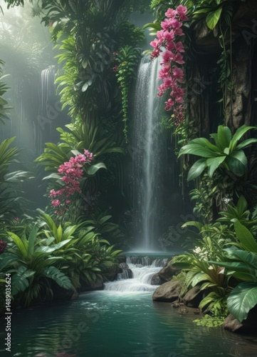 Emerald waterfall cascades through vibrant tropical foliage, orchids bloom nearby ,  exotic,  plants,  tropical