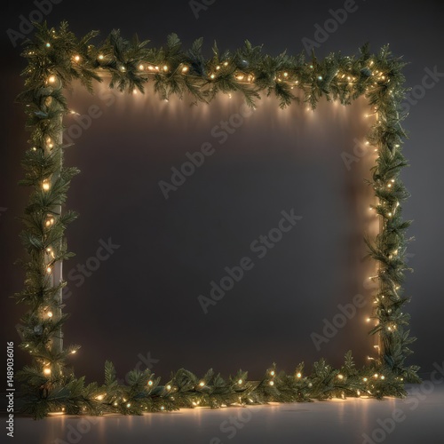 Endless evergreen border, glowing garland & lights ,  white,  branches,  background