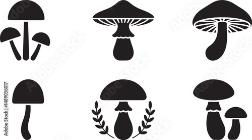 Six silhouettes of various mushroom types