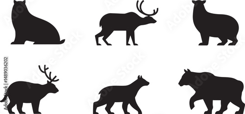 Six wild animal silhouettes black and white