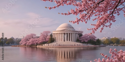 Pink cherry blossoms frame the Jefferson Memorial , floral, flowers, vibrant
