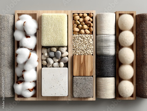 Textures and Tones: An organized display of various textures, including cotton, stone, wood, and fabrics, arranged meticulously to highlight the contrast and harmony of natural elements. 