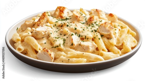Penne pasta and grilled chicken with creamy sauce, garnished with herbs on white plate