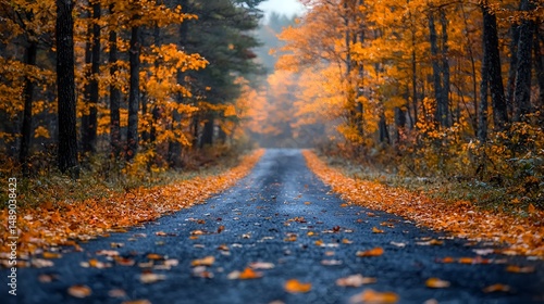 Misty autumn road through colorful forest.