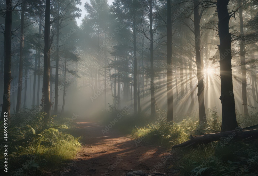 Fototapeta premium Sunbeams pierce misty forest, creating vibrant light show, sunbeams, mist