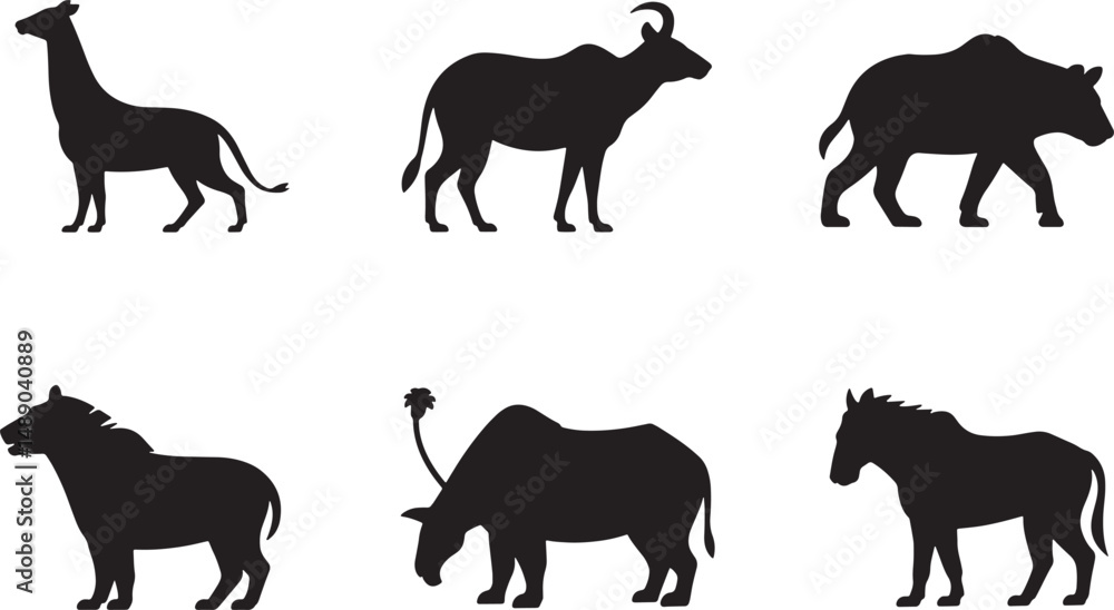 Fototapeta premium Six african wildlife silhouettes black and white