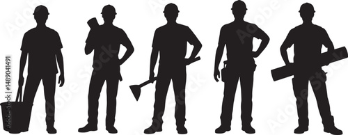 Five construction workers silhouettes diverse tools