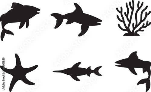 Ocean life silhouettes sharks starfish coral