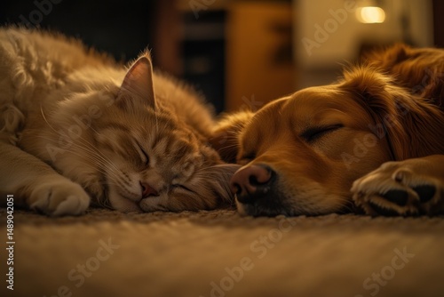 Wallpaper Mural Two furry friends resting together.  Close-up of a cat and a dog sleeping peacefully on a carpet in a warm, dimly lit home Torontodigital.ca