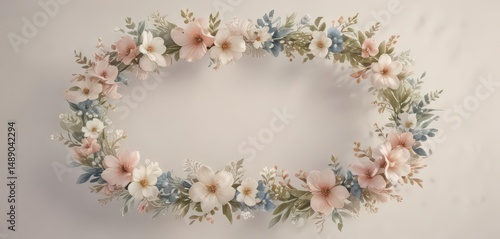 Watercolor floral wreath; delicate petals, soft hues ,  pattern,  subtle