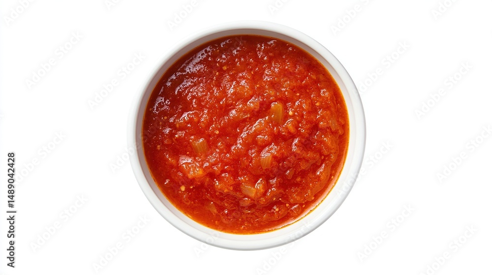 Tomato sauce in white bowl, vibrant red, chunky texture, isolated on white ground Tomato sauce in white bowl, vibrant red, chunky texture, isolated on white ground