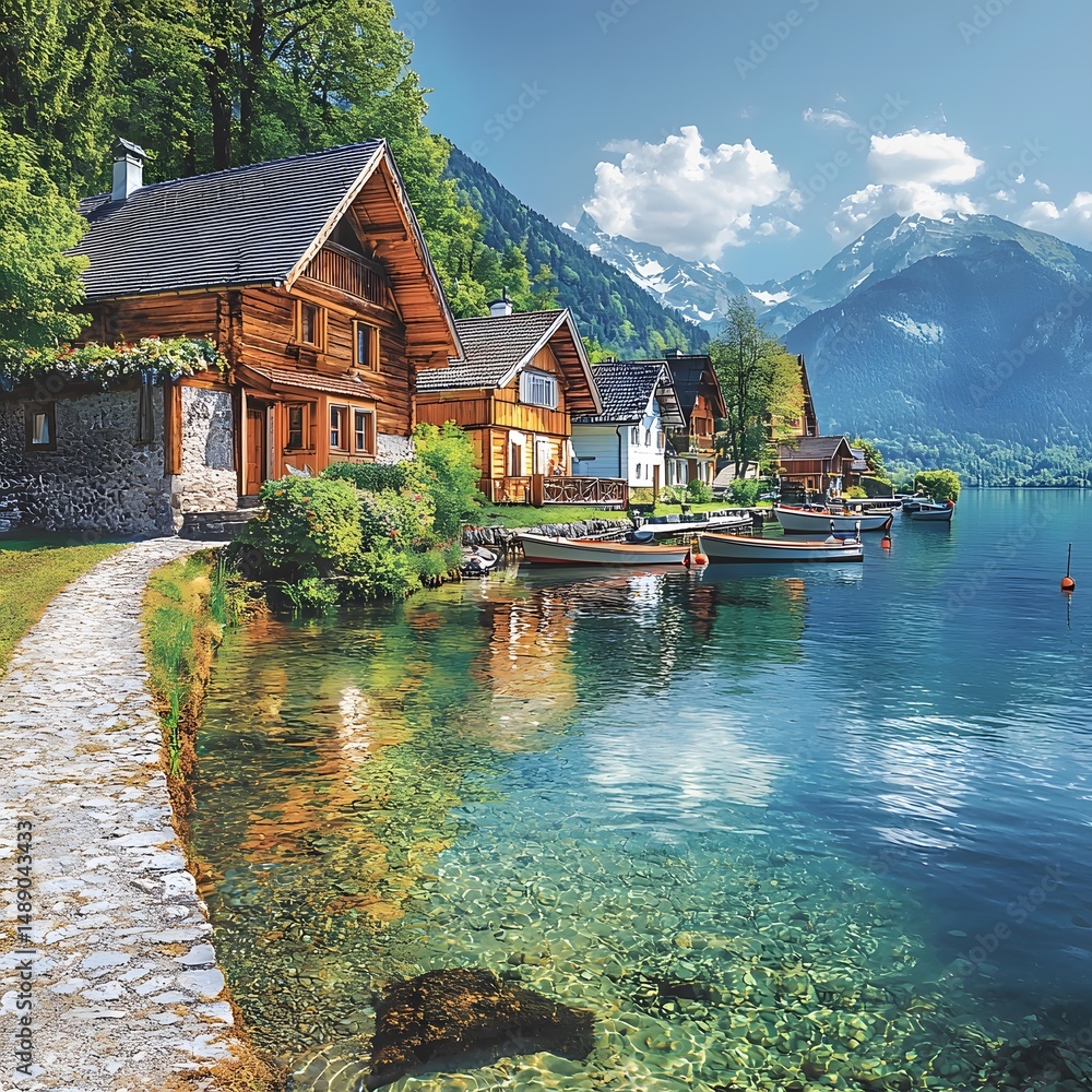 Naklejka premium A picturesque lakeside village featu charming wooden houses and small boats floating on clear turquoise water surrounded by majestic mountains and lush greenery.