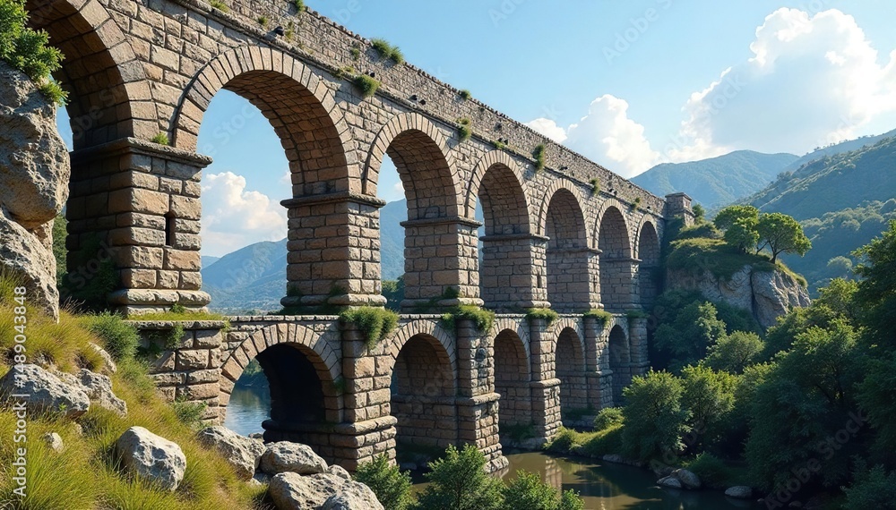 Fototapeta premium Ancient Roman aqueduct, weathered stone arches , texture, stone, civil