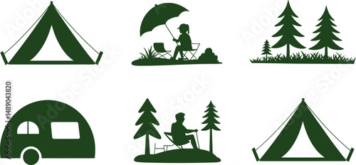 Camping icons set tent trailer trees people
