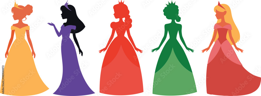 Fototapeta premium Five princess silhouettes fairytale royal girls
