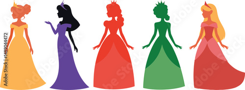 Five princess silhouettes fairytale royal girls