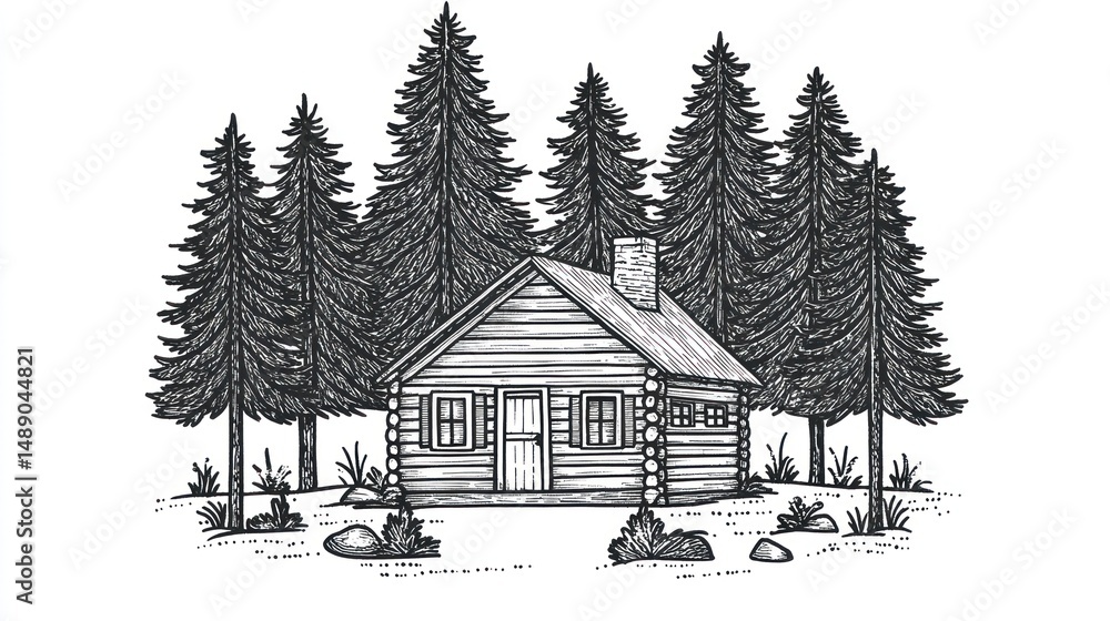 Fototapeta premium Rustic cabin in woods, peaceful retreat, nature backdrop, ideal for travel brochures