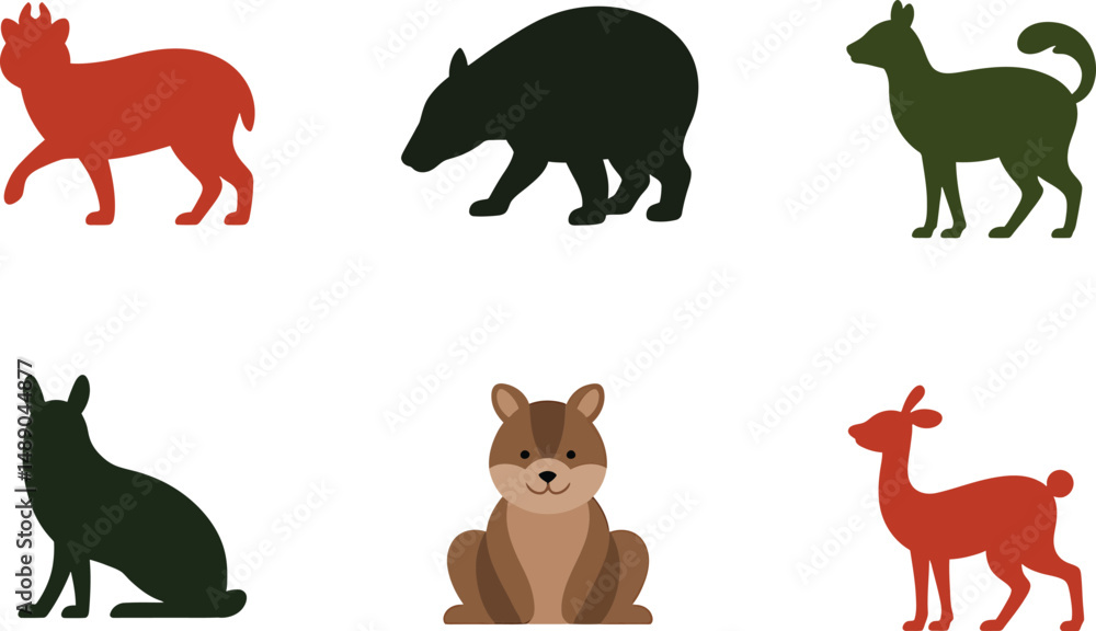 Obraz premium Six adorable animal silhouettes red green brown black