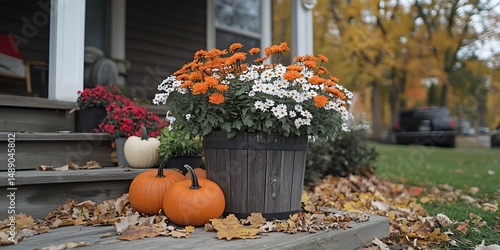 Autumn porch with colorful flowers and pumpkins