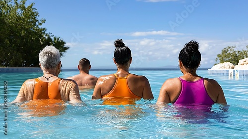 there are four people in the pool watching the water go by