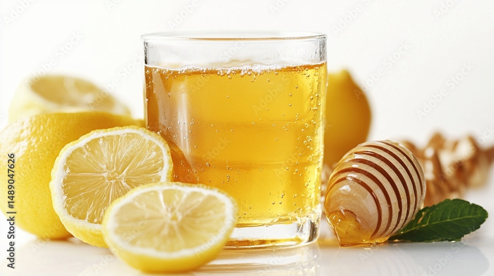 Refreshing glass of light amber liquid with lemons and honey on white surface Refreshing glass of light amber liquid with lemons and honey on white surface
