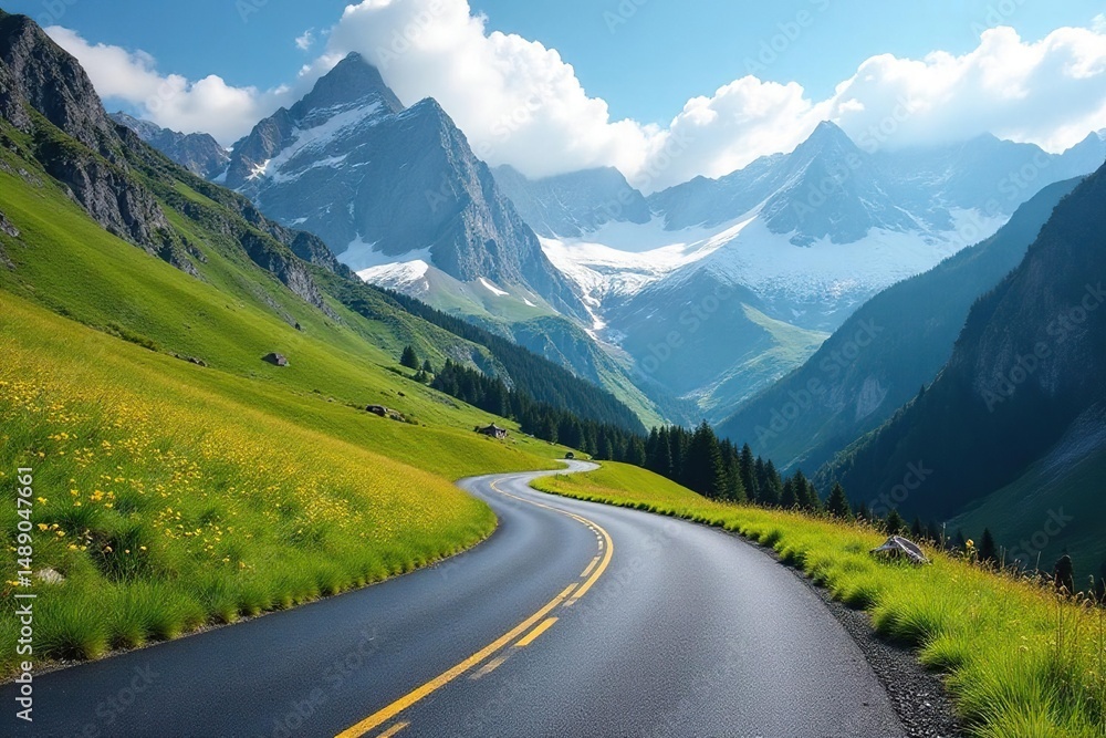 Fototapeta premium Mountain pass road winds through alpine meadows, snow-capped peaks , vista, road trip