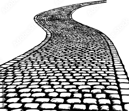 Vintage style Perspective Cobblestone Pavement Vector, Black and White Stone Path Texture, Urban Street Surface, Abstract Road Background, Graphic Floor Pattern, Drawing Template for Design Projects
