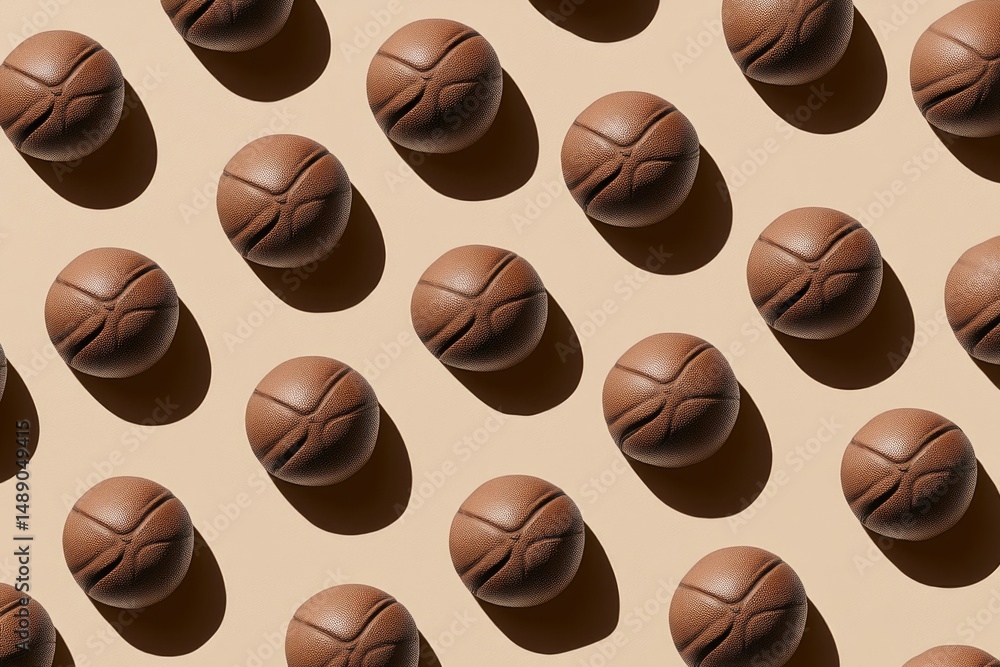 Fototapeta premium Repeating pattern of miniature brown basketballs on a beige background