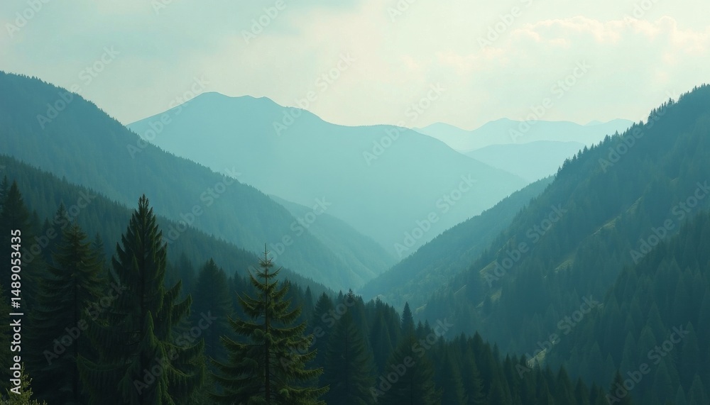 Fototapeta premium Mountain Misty Mountain Landscape With Lush Greenery