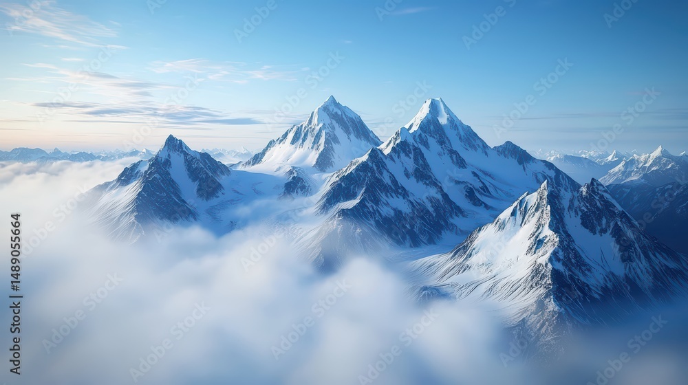 Obraz premium Majestic Snow-Capped Peaks Surrounded by Soft Clouds in a Clear Blue Sky During Daylight Hours