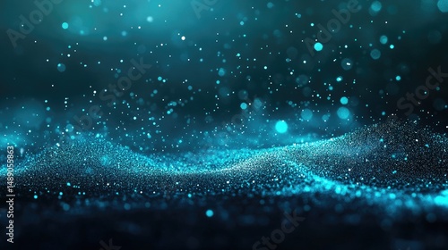 Abstract digital display of particles in teal and dark tones.