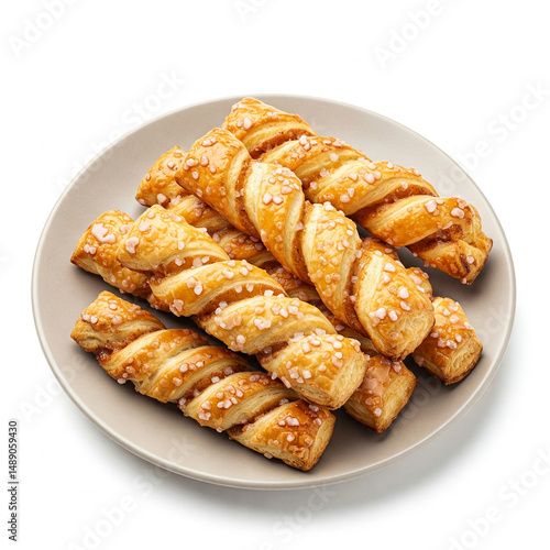 Puff pastry twists with a sweet sugar glaze, elegantly arranged on a neutral plate, isolated on a clean white background.