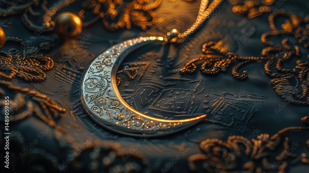 Obraz premium Crescent Moon Pendant: Embroidered Elegance & Eid Glow