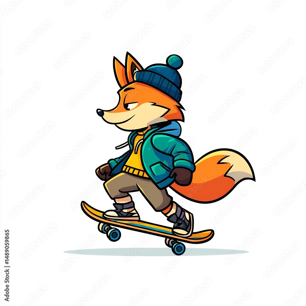 Fototapeta premium Skateboarding fox with beanie