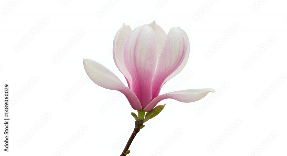 Fototapeta premium Magnolia Blossom Timelapse Unfurling Pink and White Petals Isolated by White Screen
