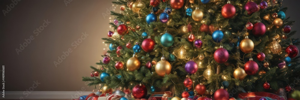 Fototapeta premium Classic Christmas tree adorned with colorful baubles, soft-focus lights , tree branches, christmas