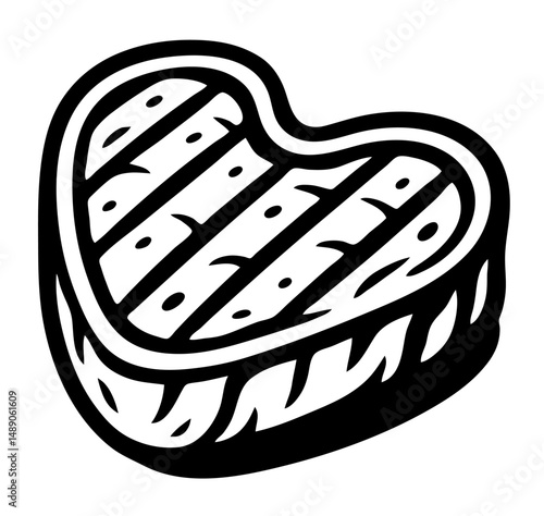 A steak is shown in a black and white drawing. The steak is cut in half and has a heart shape. The steak is sitting on a grill, and the grill is black and white
