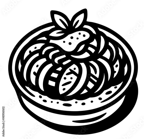 A plate of ratatouille with a green leaf on top. The plate is black and white. The food is a mix of vegetables