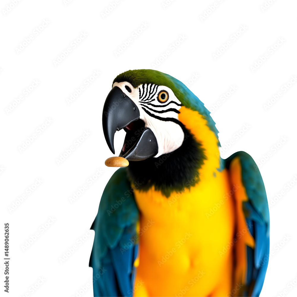 Fototapeta premium Captivating close-up portrait of a vibrant hyacinth macaw showcasing its vivid blue and yellow feathers and distinctive facial markings