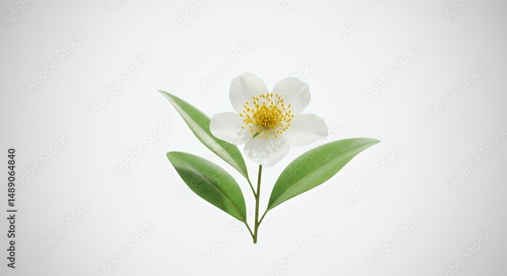 Fototapeta premium Delicate White Flower with Golden Stamens and Green Leaves on White Background