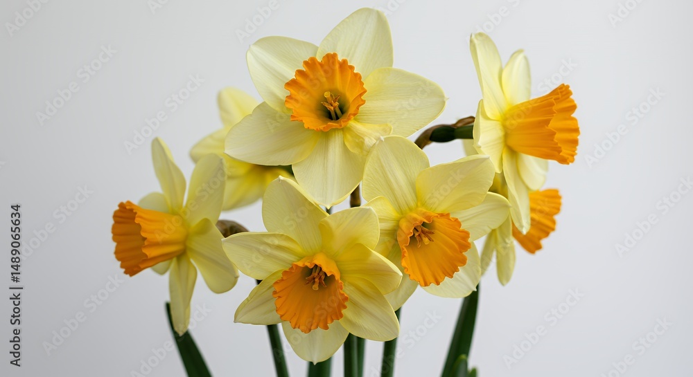 Cluster of Yellow Daffodils Swaying Against Plain White Background in Spring Close up Cluster of Yellow Daffodils Swaying Against Plain White Background in Spring Close up