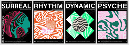 Modern vector illustration features four abstract posters with dynamic lines, geometric shapes, wavy patterns, and bold typography in vibrant colors, inspired by modernism and futuristic art concepts.