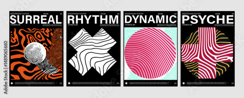 Modern vector illustration features four abstract posters with dynamic lines, geometric shapes, wavy patterns, and bold typography in vibrant colors, inspired by modernism and futuristic art concepts.