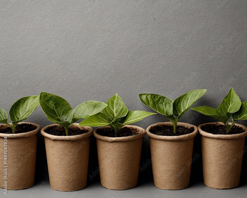 Fototapeta premium Five Seedlings in Biodegradable Pots