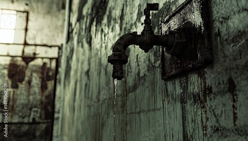 Rusty faucet dripping in an abandoned interior.  Water trickles from a weathered faucet mounted on a textured, decaying wall.  Dim light filters through a window, highlighting the aged surfaces